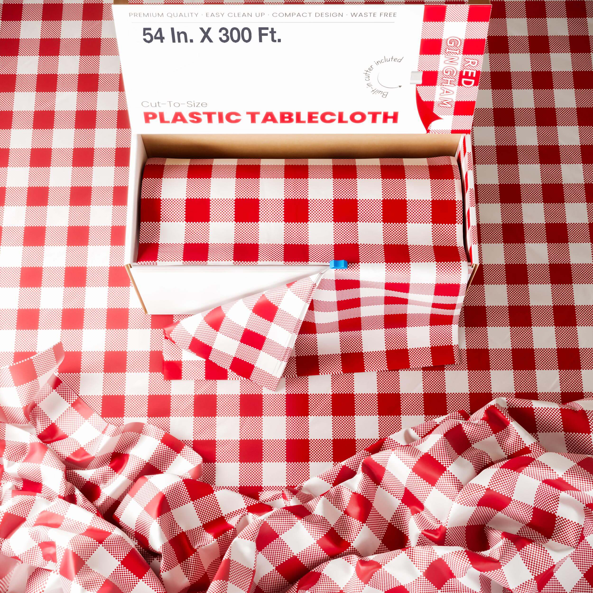 54 In. x 300 Ft. Cut to Size Plastic Table Cover  | Red Gingham | Case of 4